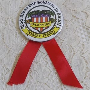 Vintage 90s Operation Desert Storm God Bless Our Soldiers Button Pin With Ribbon